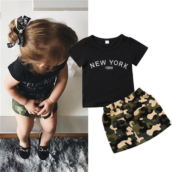 Newborn Kid Baby Girl Clothes Round Neck Short Sleeve Letter Print Top Camouflage Button Pocket Skirts 2pc Toddler Cotton Outfit