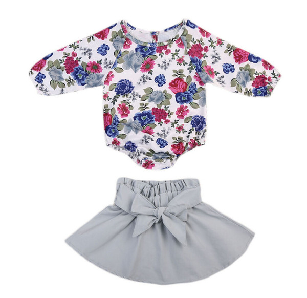 Kids Clothing Sets 2017 New Autumn Floral Skirt Girls Outfits Flower Printed Long Sleeve Romper + Bow Skirt 2pcs Suits Children Clothes C218