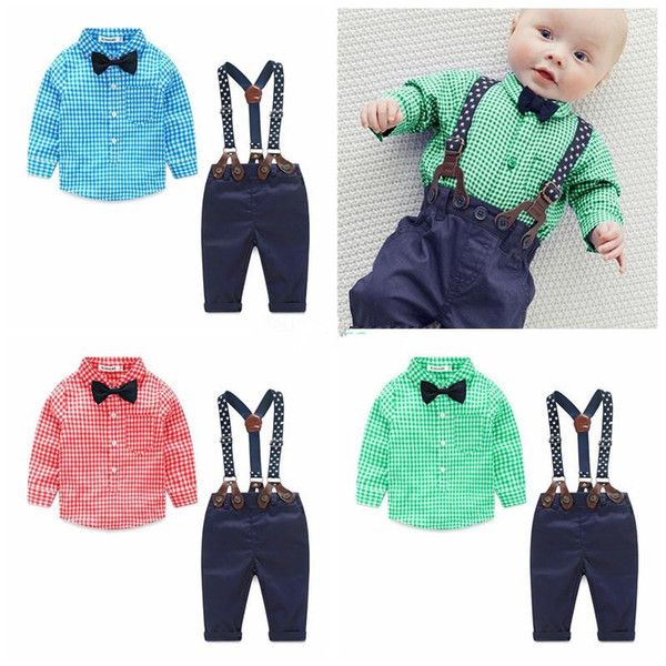 Boy plaid clothing Sets Kids long sleeve bows shirt + suspender jeans 2pc sets Children autumn gentleman clothes 3colors