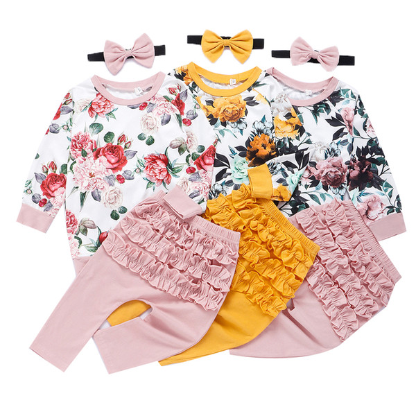 Girls Floral Clothing Sets Ruffled Fold Long Sleeve Top Kids Designer Clothes Girls Floral Printed Pants Playsuit Bow Tie Headband 0-2T 04