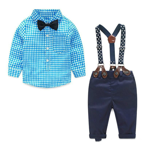 2018 Baby Boy Clothes Spring Newborn Baby Sets Infant Kids Clothing Gentleman Suit Plaid Shirt + Bow Tie + Suspend Trousers 2pcs Suits