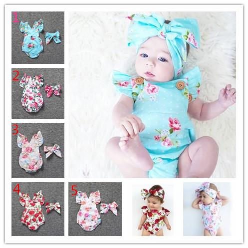 Infants baby girl floral rompers Bodysuit with headbands Ruffles sleeve 2pcs set buttons 2017 summer Ins briefs 0-2years KKA3874