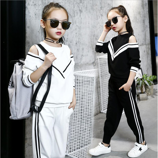 Fashion Women's Sportswear Shoulder Black And White Girls Clothes Fit Teenagers'autumn Leisure Boys' Clothing Set