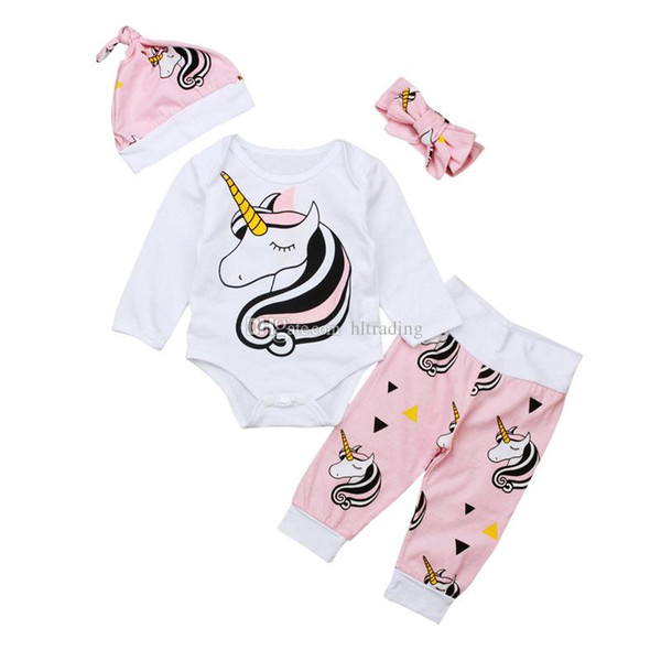 Baby unicorn outfits children print hat+Bow headband+romper+pants 4pcs/set cartoon girls suits 2018 Boutique kids Clothing sets C4435