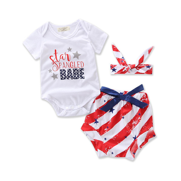 New Baby's American Flag Clothing Sets Summer Romper+ Shorts + Headband Three Pieces Cute Fashion Suits Cotton Girls Clothes