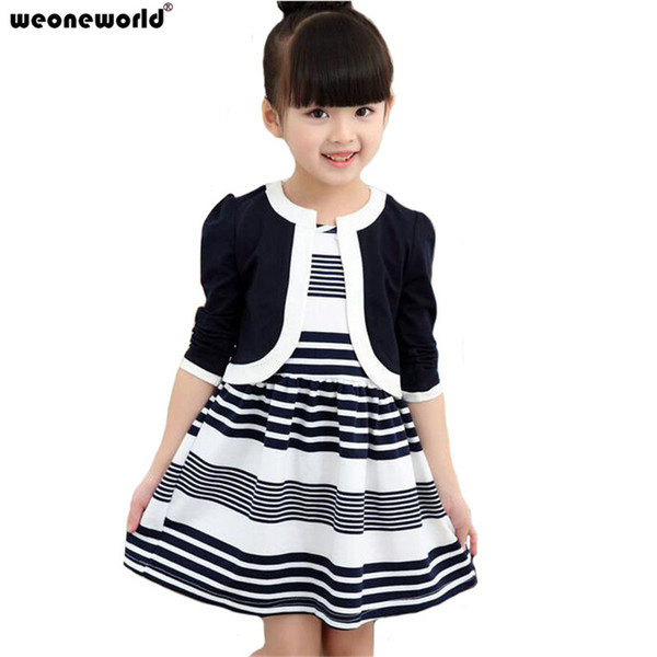 WEONEWORLD Winter Children Clothing Sets Fashion Kids Striped Sleeveless Dress + Long Sleeve Coat 2pcs Girls Clothes Suits