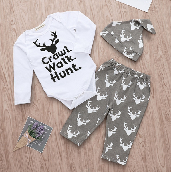 Christmas Baby Outfits Elk Printed Toddler Boy Romper Pants Hat 3PCS Sets Cotton Infant Girl Suits Fashion Baby Clothing DW4503