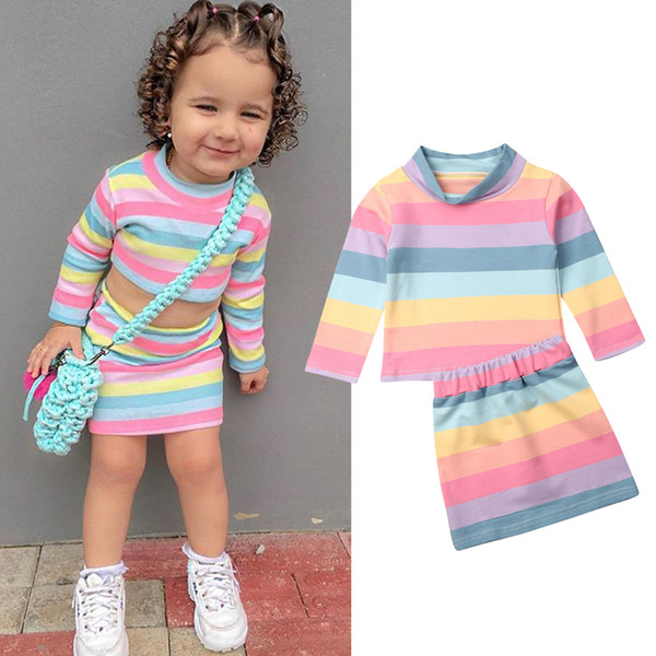 2PCS Toddler Kids Baby Girl Color Stripe T-shirt Tops+Skirt Dress Outfit Clothes