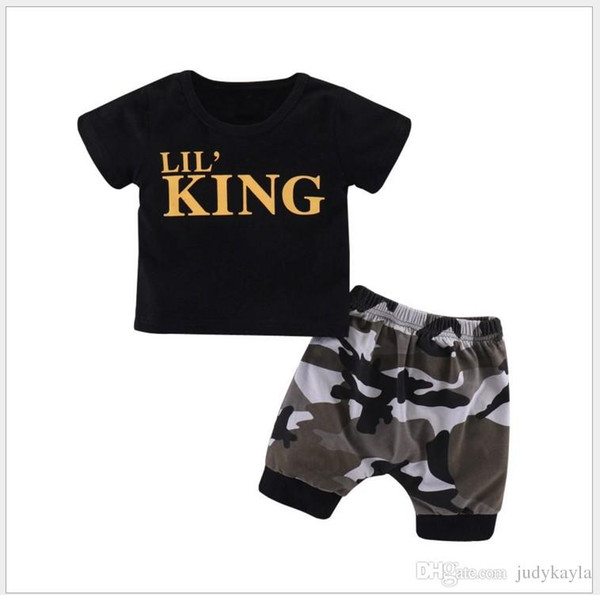 Baby Boys Letters Printed Short Sleeve T-shirt+Camouflage Shorts 2pcs Set Kids Clothing Sets Children Outfits Toddler Suit 8sets/lot