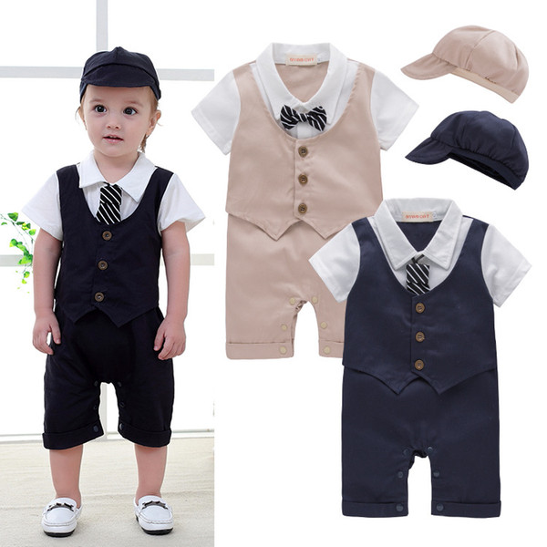 Boys Clothes Summer New Baby Kids Gentleman Dress Boys Short Sleeve Romper Fake Vest Jumpsuit/Clothing + Cap