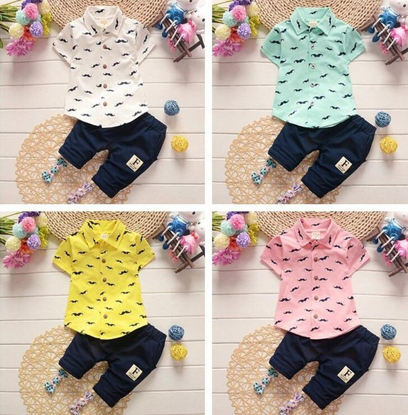 2019 Summer Baby Boys Clothes Suits Gentleman Style Kids Lovely beard Lapel Shirt+Pants 2 Pcs Infant Casual Suits Children Sets