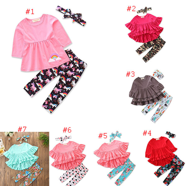 New Baby girls Floral unicorn print outfits cartoon Camouflage headband+top+pants 3pcs/set kids geometry Clothing Sets C3220