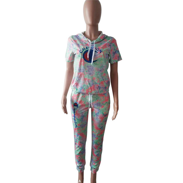 Women Champions Embroidery Letter Camo Sports Suit Spring Tracksuit Short Sleeve T-shirt + Pants 2Pcs Outfits Sportswear Joggers Set A3201