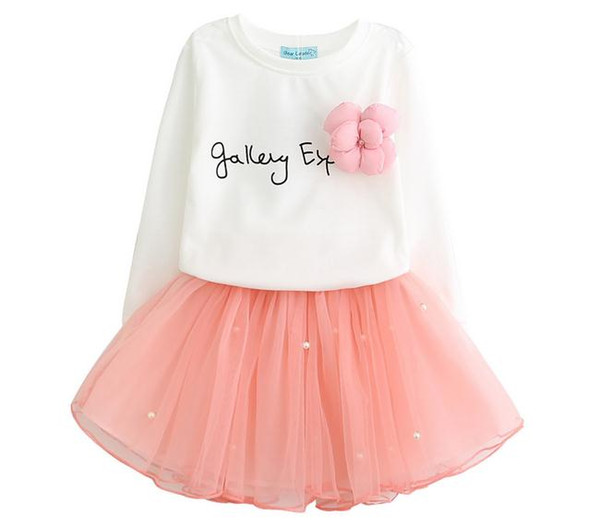 Children's suit lovely girls white tee shirt and pink skirt with rhinestone clothes kids girl autmn children clothing set suit retail