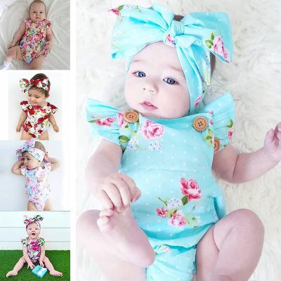 Infants baby girl floral rompers Bodysuit with headbands Ruffles sleeve 2pcs set buttons summer Ins briefs 0-2years