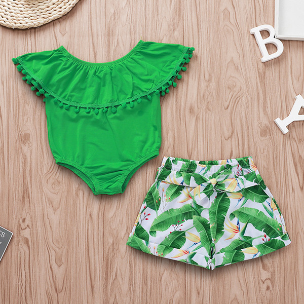 kids designer clothes girls outfits children Lotus leaf collar romper+Leaf print shorts 2pcs/set 2019 summer fashion baby Clothing Sets B11