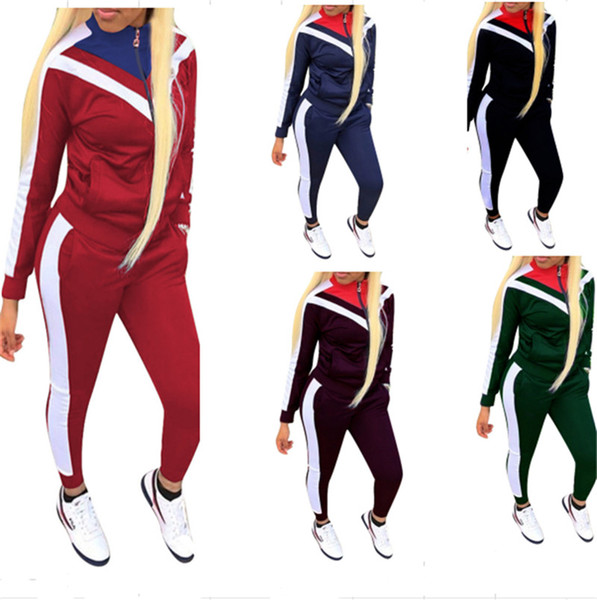 Women's Patchwork Tracksuit Zipper Jacket + Pants 2 Piece Joggers Set Autumn Spring Outfits Long Sleeve Striped Stand Collar Sportswear NEW