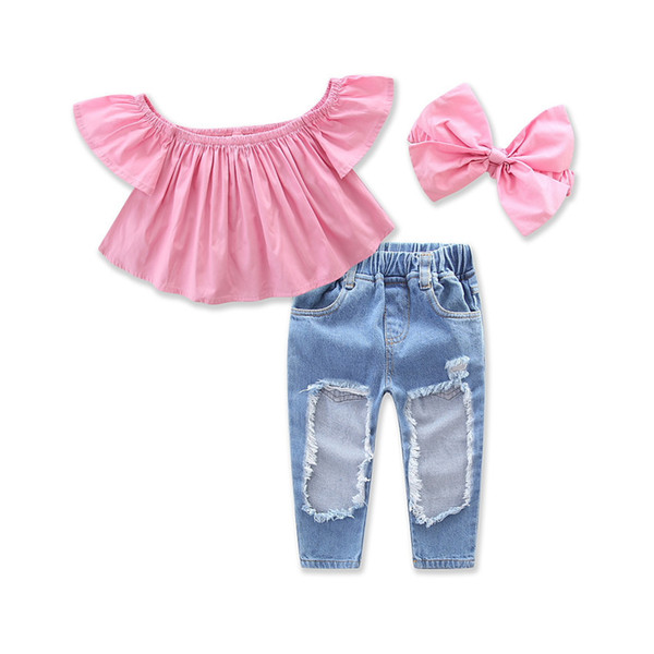 Girls kids designer Clothing Sets Summer Fashion Kids Girls Clothes Suit Pink Blouse+Hole Jeans+Headband 3PCS for Children Clothing