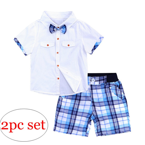 summer ins new boys white short sleeved tshirt with bow + infant cotton grid shorts pp pants 2pcs set for 0-8years free ship