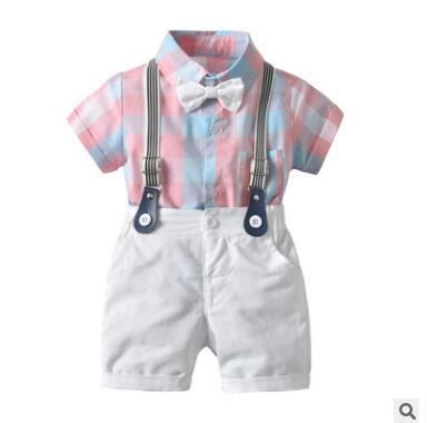 Boys 4 Piece Outfits Set 2019 Summer Newborns Clothes Pink Blue Plaid Rompers Shirts+Short Baby Boys Clothes Bebes Clothing Infant Clothes