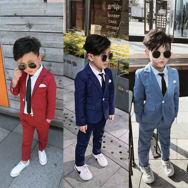 Boy Red Blue Suit Wedding Clothes Coat+Pants Children Costume Stage Performance Host Shows Boy Suits 90-140 Kids Suits