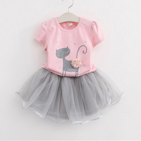 Children flower kitty outfits girls cat print top+tutu skirts 2pcs/set 2018 summer Baby suit Boutique kids Clothing Sets C3862