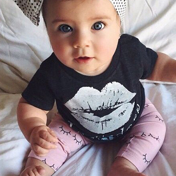 Lovely Baby Girls Short T-Shirts Black White Lip Tops Children Eyes Cute Long Pants Clothing Suits