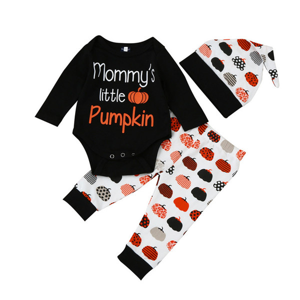 INS Baby Halloween Romper + Pants + Hat 3 Piece set Pumpkin Print Infant Kids Winter Pajames Fall Clothing Toddler Costume Mommy's little