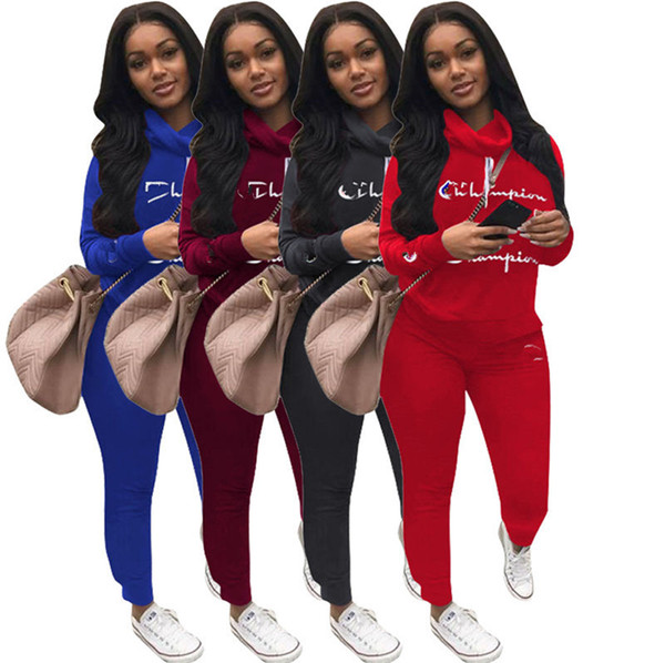 Women Champions Letter Tracksuit Heaps collar Hoodie Sport Suit Brand Women Spring Outfits Pullover Tops+Pants Leggings 2pcs Set A3104