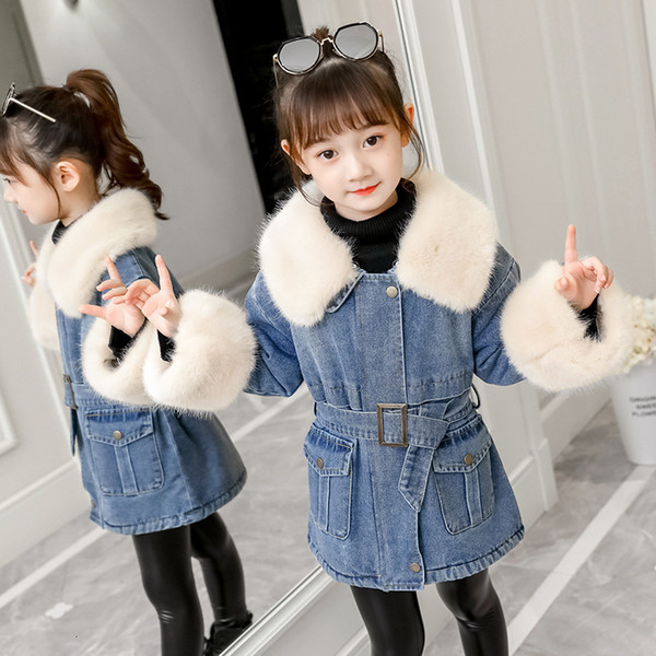 Girls Plus Thick Velvet Big Fur Collar Denim Jacket Children Winter Warm Large Long Slim Coat Girls Fashion Denim Outwear T191023