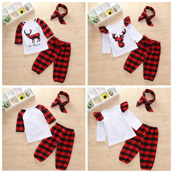 Christmas Baby Clothes Girls Ins Clothing Sets Xmas Elk Print T-Shirts Pants Headband Outfits Boys striped Tops Pants Hairband Suits YL256-1