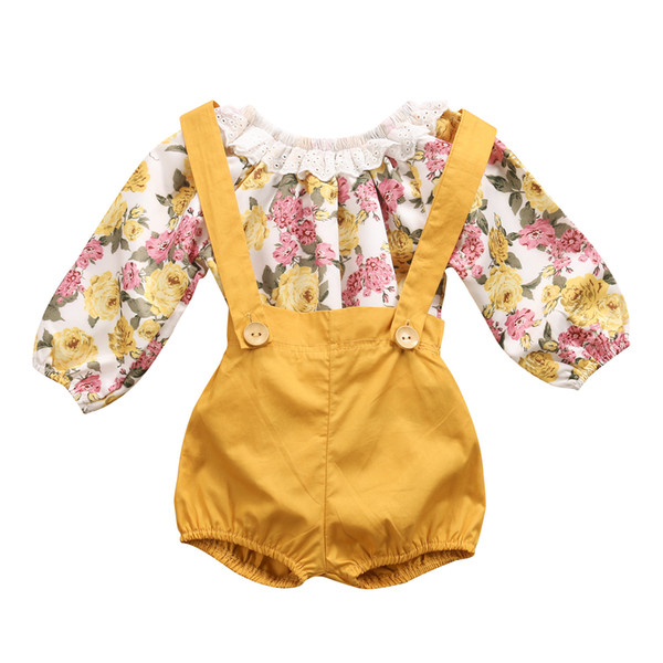 Newborn Baby Girls Princess Floral Long Sleeve Romper+ Suspenders Short Pants Jumpsuit Sunsuit Clothes Y18120303