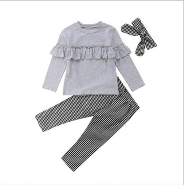 Baby Girls Clothes Set 100% Cotton Long Sleeve Outfits Designer Tops Plaid Pants Bow Hairband 3Pcs Suits Infant Fashion Casual Outwear YL646