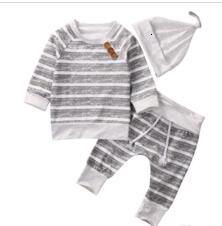 Newborn Baby Boys Striped Gray Top Pants Hat 3Pcs Set Outfits Long Sleeve Brief Styles Kids Boy Clothes 0-18M WL1158