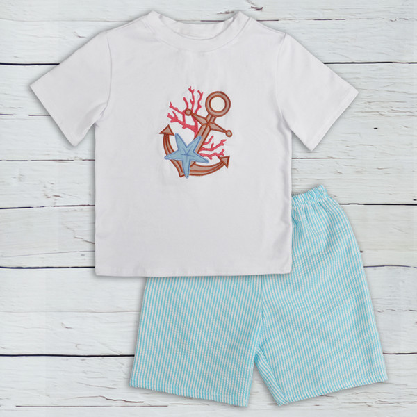 Summer Kids Clothing Sets Embroidery Boat Anchor Boys Clothing T-shirt With 2 Pcs Pants Boutique Suit Boy Clothing 2BK903-168-HY T191006