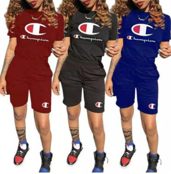 Champion Women Clothing 2 Piece Set Tracksuit Brand Two Pieces Outfits Summer Shorts Sets T-shirts + Shorts Casual Jogger Sportwear A3105