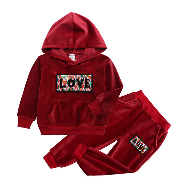 Kids Clothing Sets Children's sports suit 2019 baby gold velvet sweater long sleeves sequined pocket hooded tops+pants 2pcs/set clothes B11