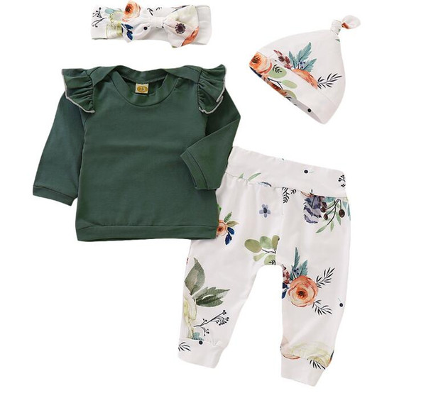 Toddler Baby Girls Fall Outfit Long Sleeve Ruffle Shirts+Floral Pants+Headband+Hat Clothes Set 4Pcs children girls clothes