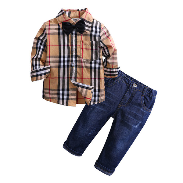 Gentleman Baby Boys Clothing Set Long Sleeved Plaid Cotton Shirt+Suspender Pant Suit Kids 2pcs Sets