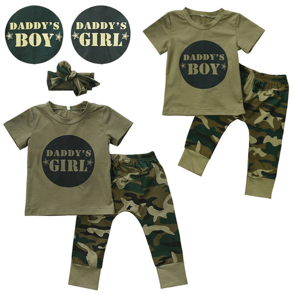 2019 Infant Baby Boy Girls Outfits T-shirt Camouflage Pants Headband 2018 Daddy's Boys Girl Kids Clothes Wholesale Boutique Baby Clothing