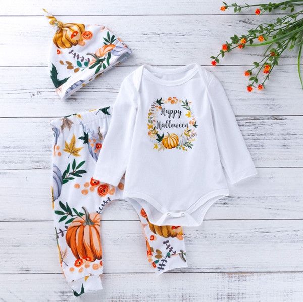 Halloween Baby Outfits Pumpkin Printed Infant Boy Rompers Pants Hat 3pcs Sets Long Sleeve Cartoon Toddler Girl Clothes Set DW4232