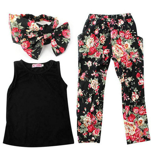 3 Pcs Kids Suits Baby Girls Summer Clothing Black Vest+Floral Pants+Headband