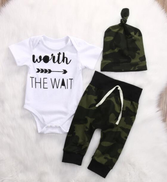 Newborn Baby Girl Boy Clothes Romper T-Shirt + Long Pants + Hat 3Pcs Set Camouflage Kids Toddler Clothes Set Outfits