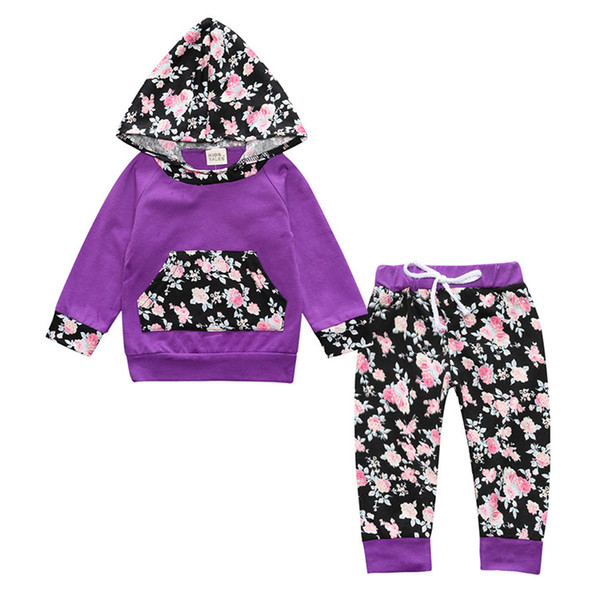 2017 Flower Lovely Girls Clothing long sleeve hooded coat tops + Pants Suits Casual 2 pcs .. hooded clothing set