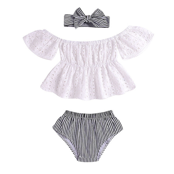 Baby girls outfits Lace Hollow Off Shoulder top+stripe Triangle shorts+ headband 3pcs/set 2019 summer fashion kids Clothing Sets C5930