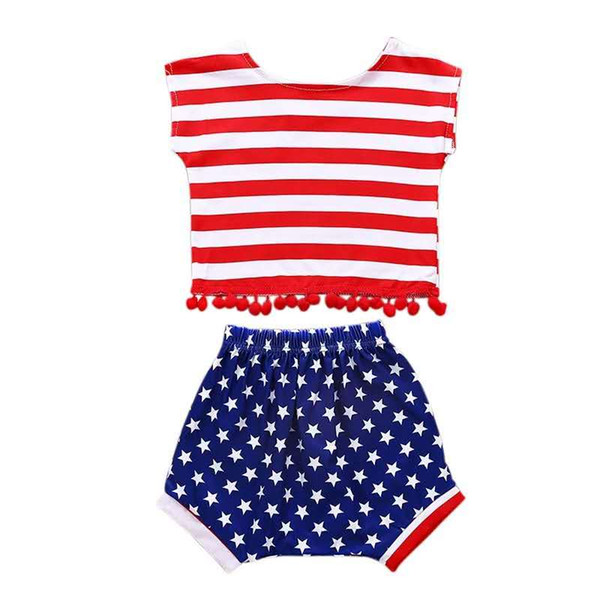 Baby Girl Striped Set Boy Striped Tops Stars Pants Two-Piece Set American Flag Independence National Day USA 4th July Sleeveless Round Neck