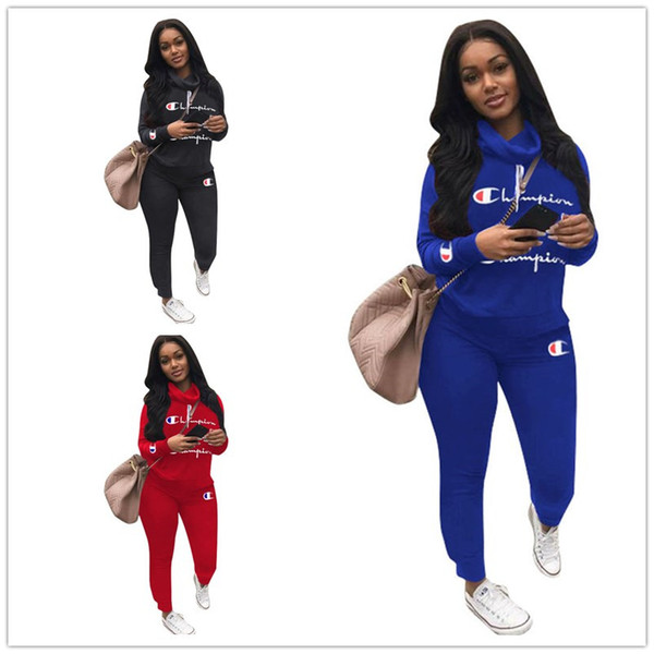 Champions Letter Tracksuit Women Fall Outfits Long Sleeve Heaps collar Hoodie Pullover Tops + Pant Leggings 2pcs Set Casual Jogger Set A3104