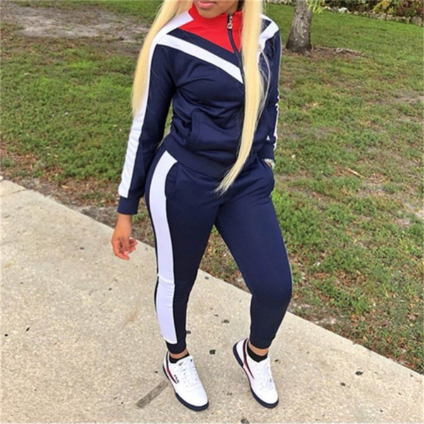 Women Full Zip Jacket + Pants 2 Piece Joggers Set Long Sleeve Patchwork Tracksuit Autumn Spring Outfits Striped Stand Collar Sportswear Hot