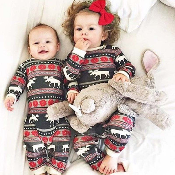 hot selling Christmas Pajamas Set deer printed sets Adult Kids fashion rompers baby girls boys Nightwear Cotton top outfits