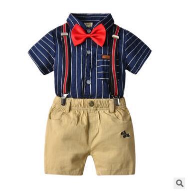 Boys 4 Piece Outfits Set 2019 Summer Newborns Clothes Bowtie Striped Shirts+Shorts Baby Boys Clothes Bebes Clothing Infant Clothes